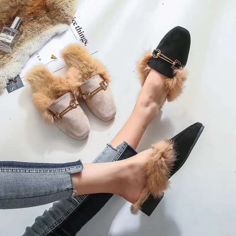 closed toe fur slides