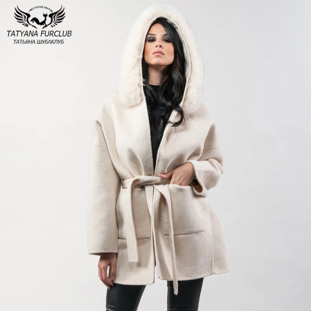 

2020 Fashion Long Fur Coats Natural Women Wool Blend Fur Jackets With Fox Fur Trim Of Hood Overcoats Luxury Fur Jacket Genuine