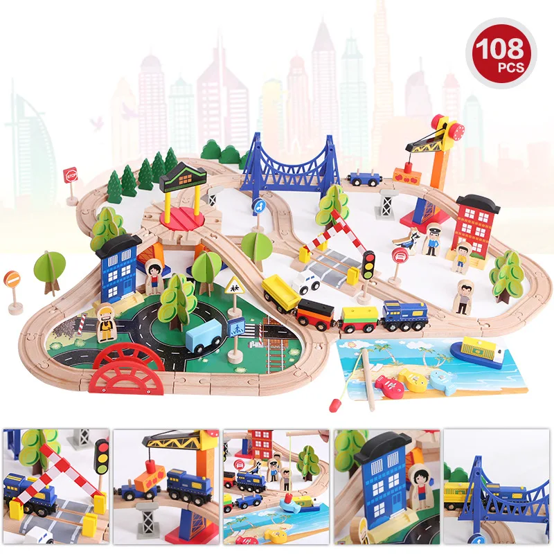 

108-Piece Korean-style Wooden Train Camera Track Rb110 with Fishing Scene City Traffic Building Blocks High Quality 3.4