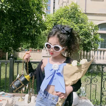 

Baby girl pure cotton camisole 2020 summer new big boy bow tie short paragraph fashion exposed navel top children's clothes