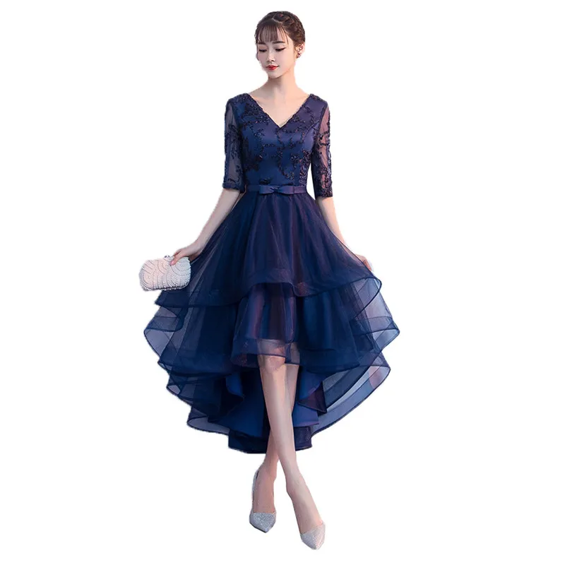 Navy Blue Коктейльное платье холикаждый с высокой талией, темно-синие кружевные вечерние платья, женские платья с коротким передом и длинной спинкой - Цвет: Navy Blue