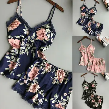 

2pcs Women Sexy Satin Lace Sleepwear Babydoll Lingerie Nightdress Pajamas Set