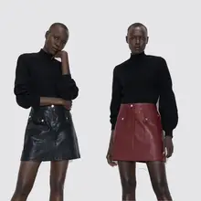 ZA, Женская юбка из искусственной кожи, модная, новая, зимняя, маленькая, плиссированная, искусственная кожа, Мини юбка, Богемия, женская, миди юбка, вечерние, подарок