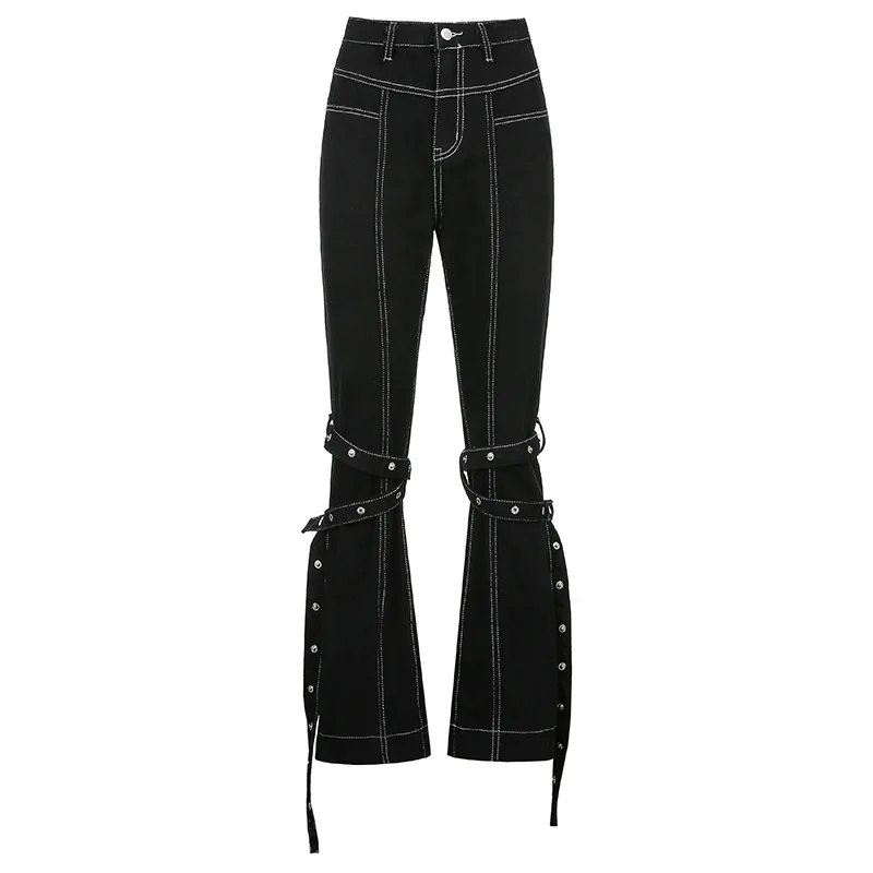 Women Pants y2k Vibe denim Gothic Grunge Black pants Harajuku Punk Hip Hop High Waist Wide Leg Bandage Streetwear Rivet Trousers tommy jeans