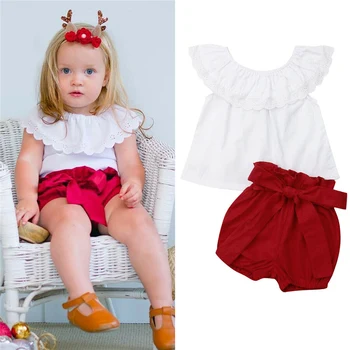 

Fashion Toddler Baby Kids Girl Clothes Sets 1-6Y Summer White Lace Ruffle Tops T shirt+Red Bow Shorts Outfits Set