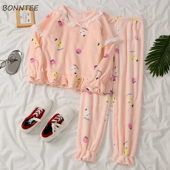 

Pajama Sets Women Printed Winter Thickening Womens Korean Style Flannel Harajuku Pajamas Round Neck Velvet Warm Female Lovely