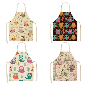 

Parent-child Kitchen Apron Cartoon Owl Printed Sleeveless Cotton Linen Aprons for Men Women Home Cleaning Tools