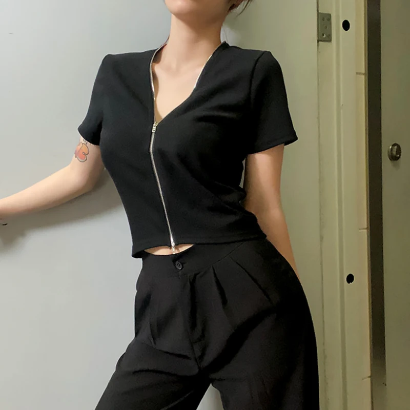 

2020 New Fashion Slim Fit Zipper T-shirt Women Female Bustier Corset Tops High Neck Women Croped Tops Tee Solid Shirt black