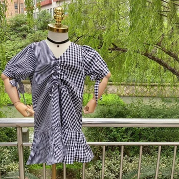 

Summer girls dress Baby dress kids vestidos Children fashion clothes streetwear check plaid patch lacing ruched 4 to 14 yrs