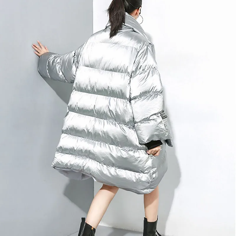 Winter Plus Size Women Parkas Silver Black Long Sleeve Loose PU Jacket Warm Fashion Coat With Scarf Street Irregular Outerwear