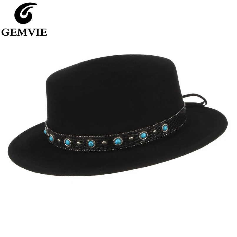 GEMVIE шерстяная шляпа для женщин мужская плоская Корона Fedora с этническим кожаным ремешком средней длины шляпка для церкви осень зима