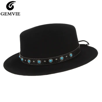 

GEMVIE 100% Wool Boater Hat For Women Man Flat Crown Fedora With Ethnic Leather Band Medium Brim Church Hat Autumn Winter