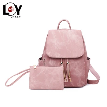 

Vintage Tassel Clamshell 2 Piece Set Woman Backpack Women Waterproof Pu Leather Leisure School Backpack Girl Teenager Travel Bag