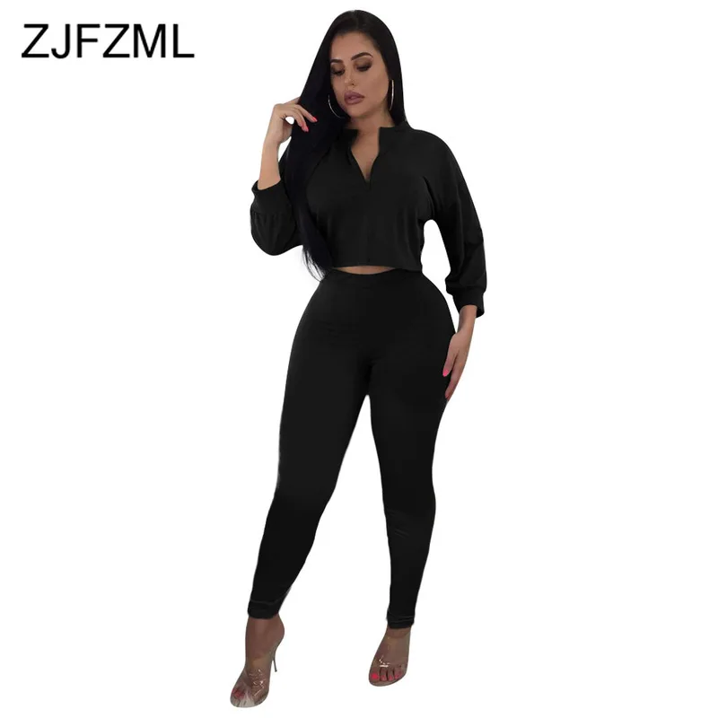 

Autumn 2 Piece Sweat Suits Women Clothes Front Zipper Full Sleeve Crop Top And Skinny Pants Casual Two Piece Tracksuits Outfits