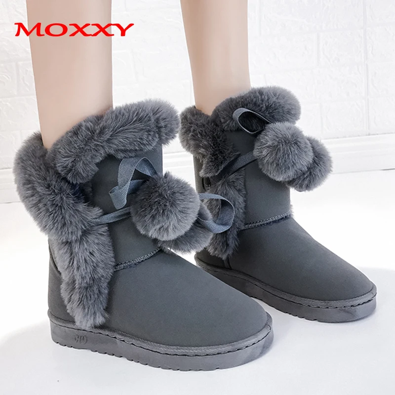 

2019 New Russia Winter Boots Warm Plush Snow Boots Platform Flat Heel Fur Ball Bow Soft Comfort Pink Furry Boots Women Shoes