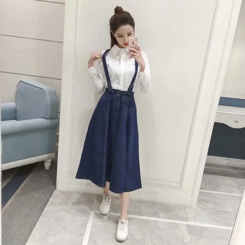 

S23570 Spring And Autumn Korean-style High-waisted Slimming Elegant Two-Button Cowboy Suspender Strap Skirt Big Hemline Medium-l