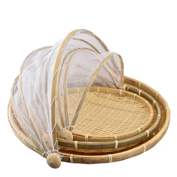 

Rattan Bamboo Storage Basket Fruit Bread Food Breakfast Picnic Trays with Gauze Lid Cover with Handle Wicker Basket Organization