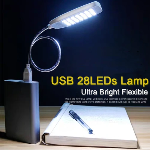 28 LEDs 슈퍼 밝은 책 빛 DC5V USB 독서 야간 조명 유연한 테이블 램프 보조베터리 노트북 PC 5