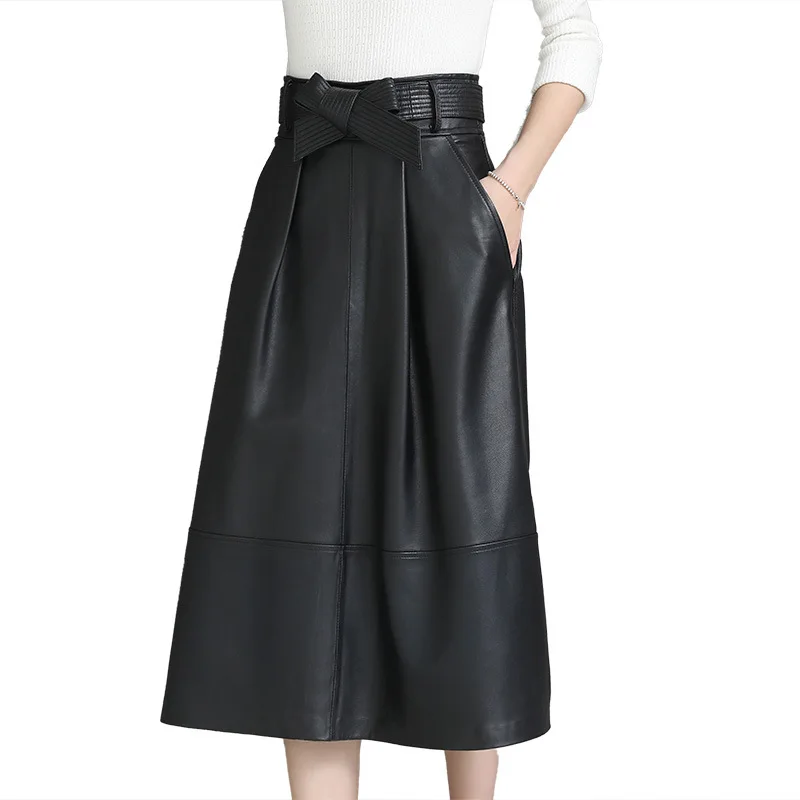 

Autumn Spring A-Line Solid Genuine Leather with Pockets Mid Length Sheep Leather Bag Hip Skirt Fashion Black Classic Belt Skirt