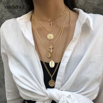 

IngeSight.Z Fashion Multi Layer Christian Jesus Cross Choker Necklace Statement Angel Carved Coin Pendant Necklace Women Jewelry