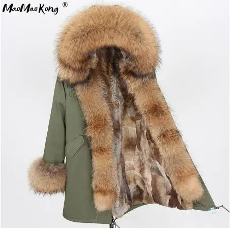 MaoMaoKong/ женская зимняя парка на меху из натурального кроличьего меха, куртка с капюшоном из натурального Лисьего меха, длинная меховая парка, верхняя одежда - Цвет: 16