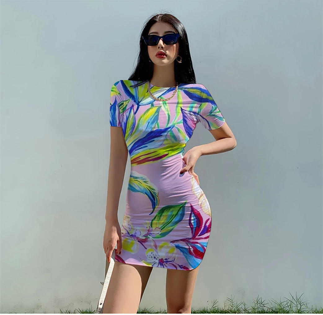 

2022 New Flower Milk Silk Short Sleeve Dress 2022 Spring And Autumn Trendy Retro Elastic Knee High Waist Dress Women