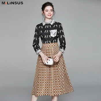 

Women Vintage printed dress Spring Autumn 2020 Pleated fashion Spliced pockets Elegant long Dresses woman Vestido Black XXL