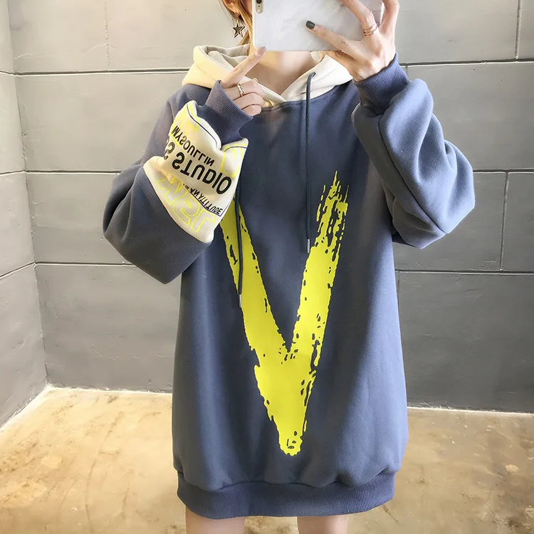 Зимние толстовки, Женская толстовка, Harajuku, теплый пуловер с капюшоном, топы, повседневные, корейские, свободные, спортивный костюм, толстовки, свитер - Цвет: Dark Gray