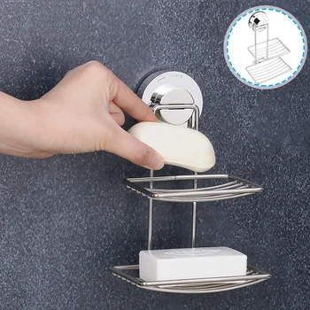 

1pc Soap Dish Holder Suction Cup Double Layer Stainless Steel Punch Free Wall Mounte Soap Dish for Kitchen