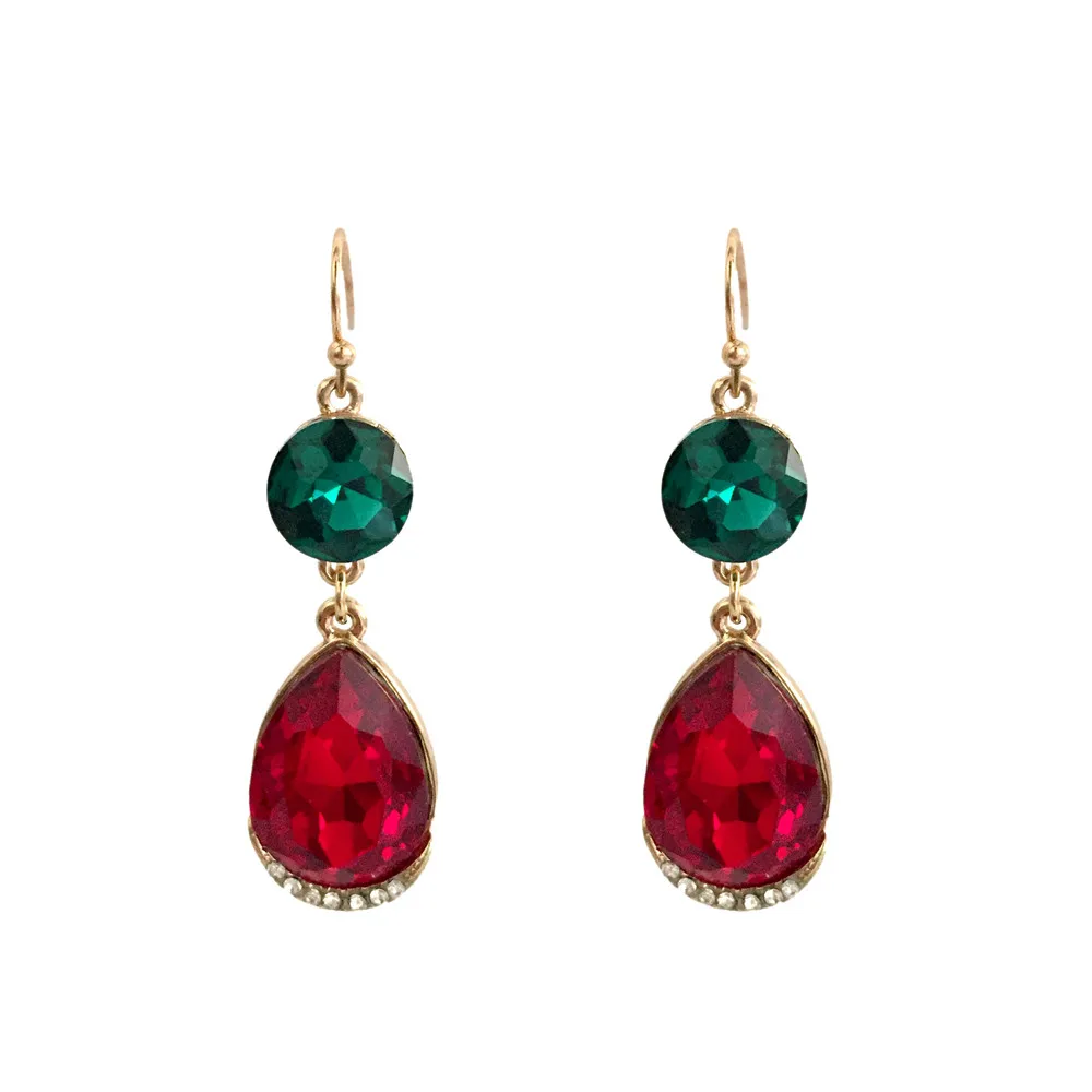 

Pretty Cutting Effect Gem Rhinestone Tear Drop Deep Green Red Drop Earrings For Women Party Mother Gift