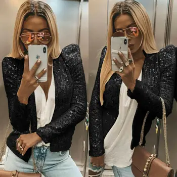

Street Style Women Blazer Slim OL Suit Sequin Solid Shiny Ladies Casual Long Sleeve Jacket Coat Tops Outwear