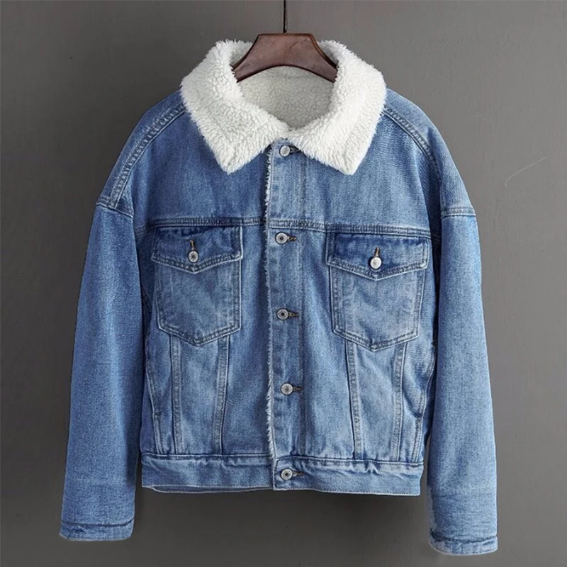 

2019 New Winter Warm Fur Jeans Jacket Women Bomber Jacket Blue Denim Jacket Female Coat with Full Warm Lining & 2 Pockets jacket