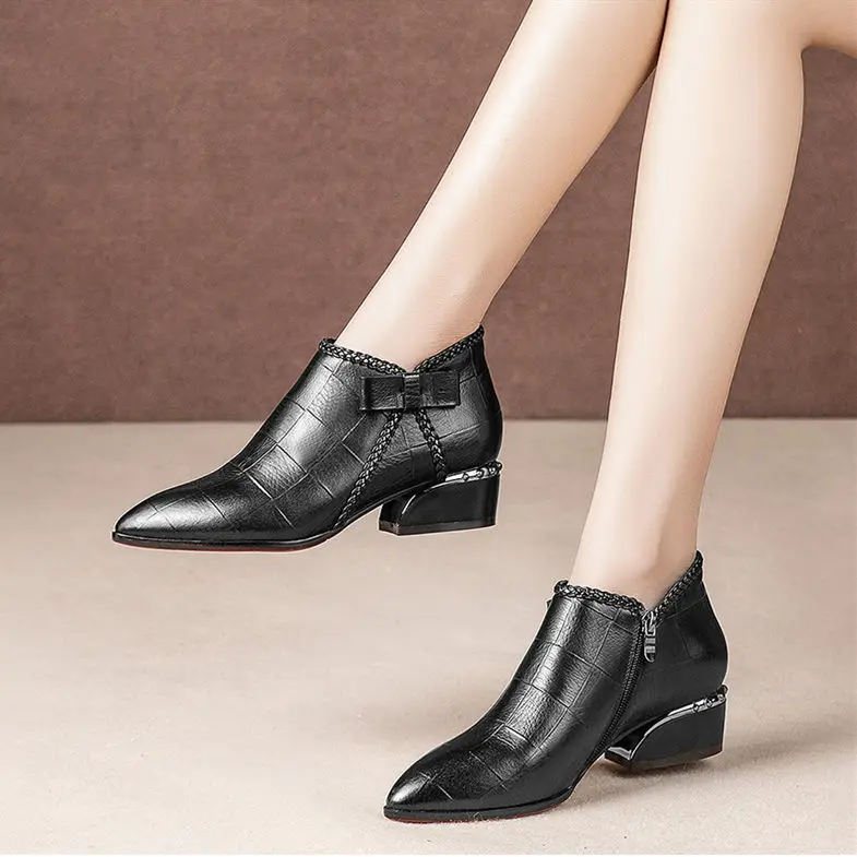 Women Pointed Toe Square Heel Boots Fashion Butterfly-knot Ankle Boots Zipper PU Leather Rubber