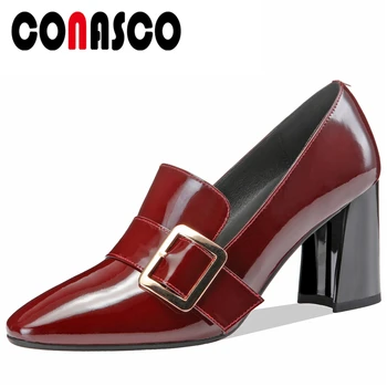 

CONASCO Spring New Mature Fashion Cow Patent Leather Shoes Women Wedding Casual Shoes Metal Buckle Strap Thick Heel Shoes Woman
