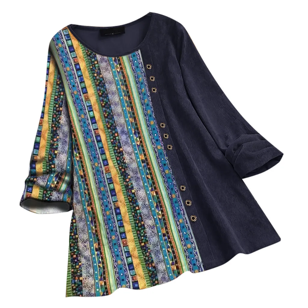 Женские топы и блузки boho S-5XL для женщин вельвет Принт пэчворк длинный рукав Винтаж размера плюс Топ рубашка блузка#3