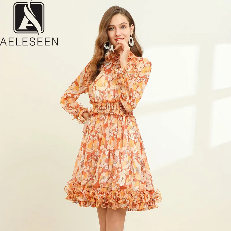 AELESEEN, весна, Новое модное элегантное платье феи с оборками, женское ТРАПЕЦИЕВИДНОЕ роскошное драпированное платье средней длины с эластичной талией и цветочным рисунком