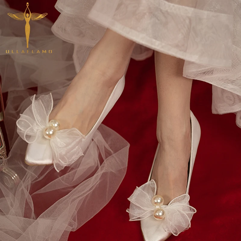 

Elegant Temperament Beaded Lace Bow Wedding Dress High Heels Woman Fashion Lady White Bridesmaid High Heels Women's Stilettos