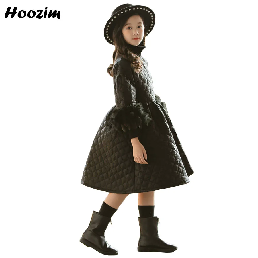 

Winter Vintage Princess Thick Rhombus Long Sleeve Dress Girls 6-15 Years High Street Black Turtleneck Ball Gown Dresses Children