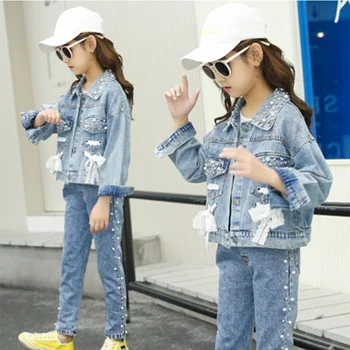 

New 2020 Fashion Spring Autumn Denim Jacket For Girls Children Outerwear Casual Beading Outfits Kids Jacket Clothes Girls Coats