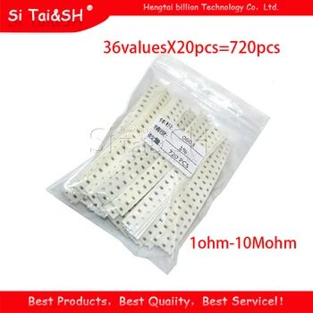 

36valuesX20pcs=720pcs 0603 1ohm-10Mohm SMD Resistor Kit Assorted Kit 1% component diy samples kit new and original