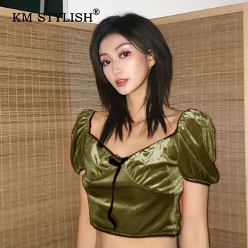 

Women Vintage V-neck Solid Frenulum Casual Short-sleeve T-shirt Fashion Sexy Bow Crop Top Pink/Green