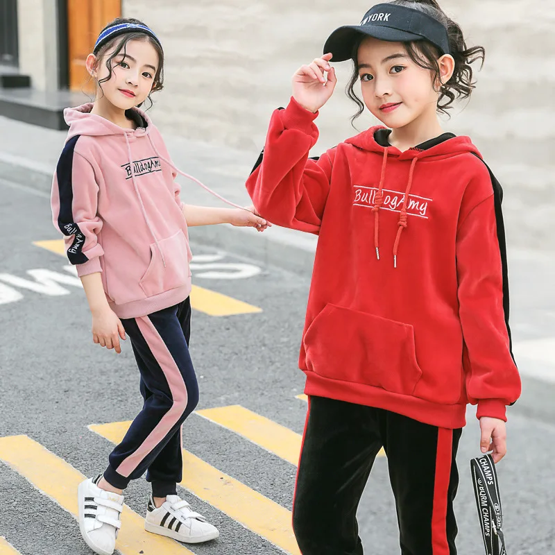 

2019 New Style Casual CHILDREN'S Suit Girls Autumn Clothing Big Boy Lettered Gold Velvet Piece Childrenswear