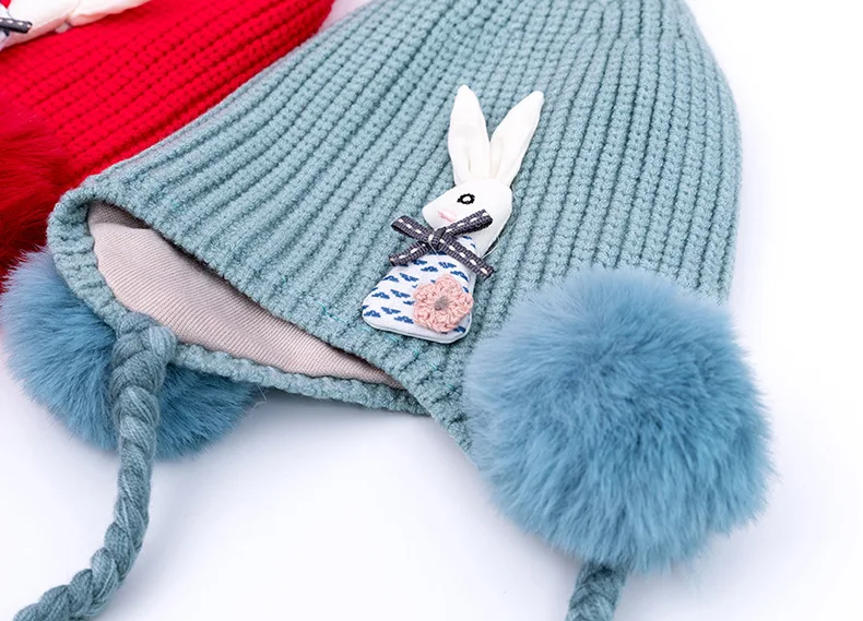 Брендовая детская шапка для детей 0-24 месяцев, детские зимние шапки для девочек и мальчиков, хлопковая плотная теплая вязаная шапка с ушками, помпоны-кролики из лисьего меха