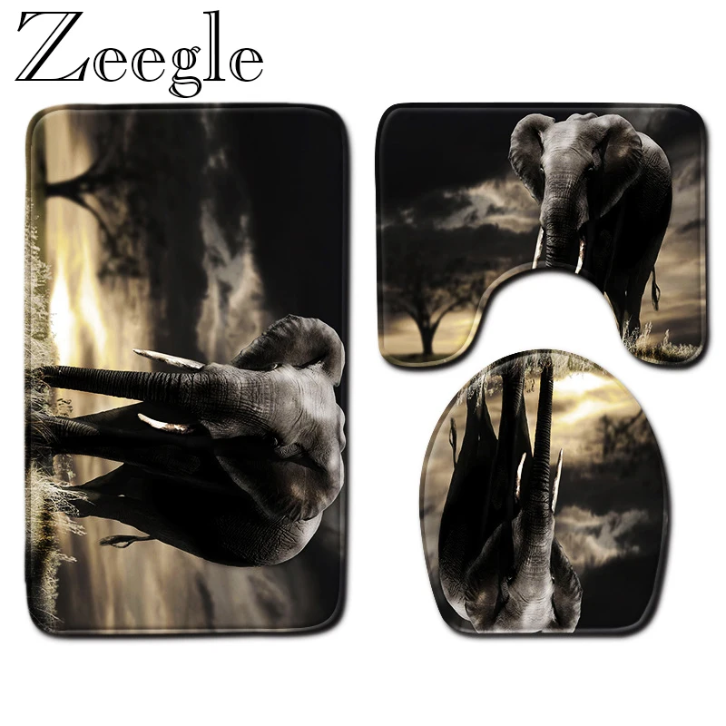 Bath Mat Elephant Pattern Bathroom Mat Set Anti-slip Bathroom Shower Carpet Washable Toilet Cover Seat Mat Absorbent Toilet Rug