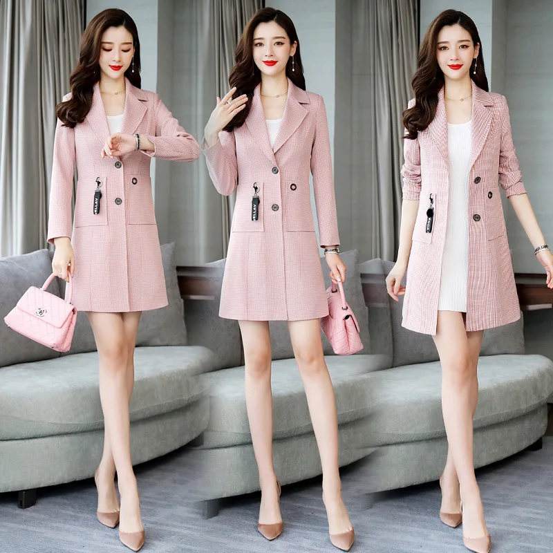 

2019 Spring Clothing New Style Plaid Trench Coat Female Suit Collar Sweet Mid-length
