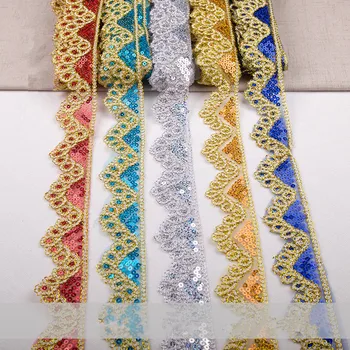 

SASKIA 9Yard Sequin African Lace Paillettes Mesh Fabric Material Ribbon Braid Trim Sew Dance Cloth Curtain Accessory Gold 4.5CM