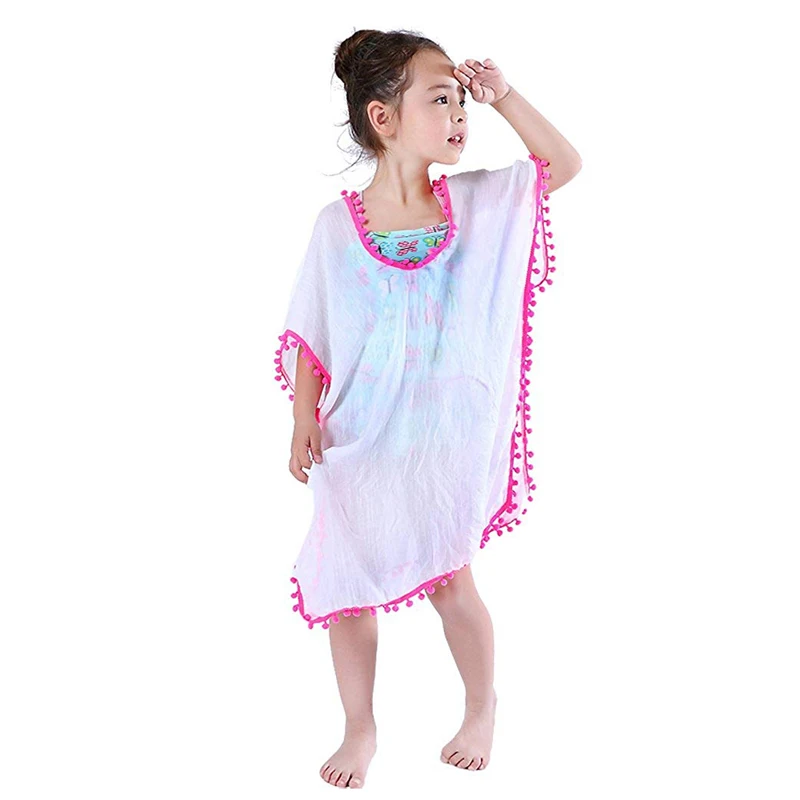 Детское пляжное платье; купальный костюм для маленьких девочек; накидка для купания; сарафан с цветочным узором и бахромой; летняя пляжная одежда с кисточками для девочек - Цвет: white