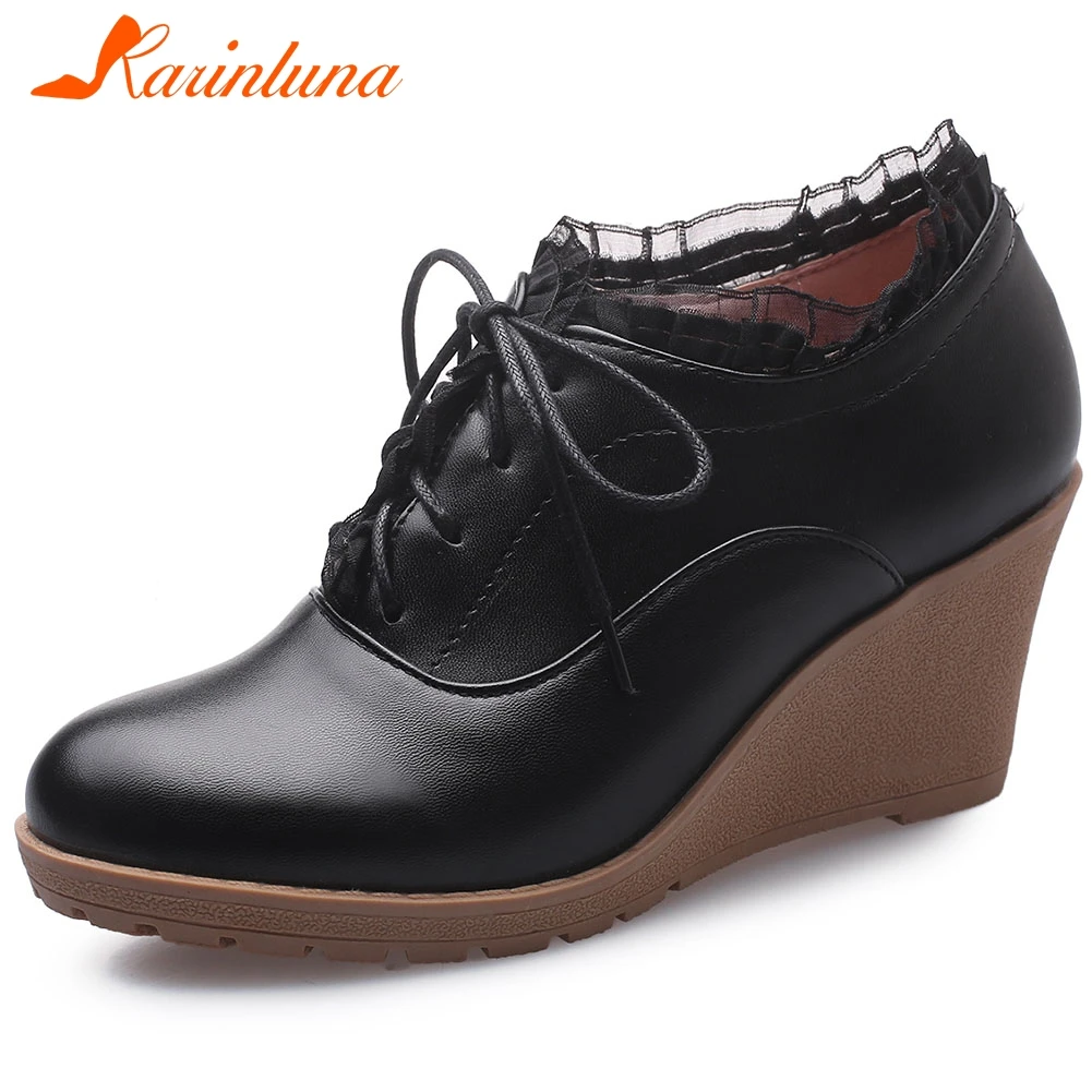 

KARINLUNA Elegant Female Office Casual Pumps Lace Up High Wedges Lace Consise Pumps Women Spring Shoes Woman