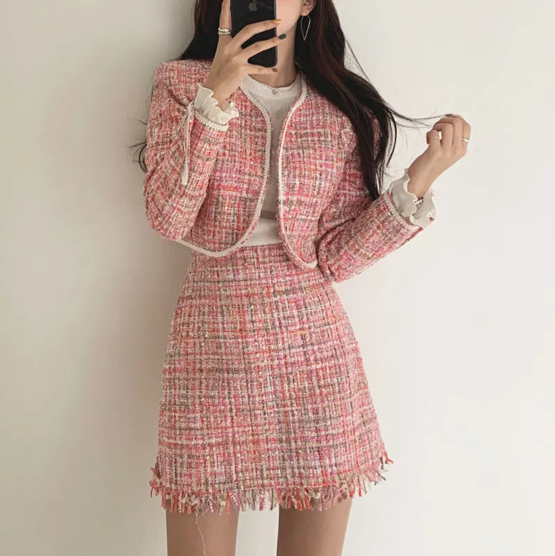 

French Style Tweed Short Set Vintage Jacket Two Piece Outfits Women Skirt Set Party Dress Elegant Blazer Crop Top Moda Feminina