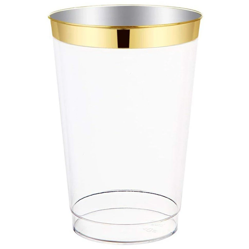 Новые 100x Золотые пластиковые стаканчики 10 унций прозрачные пластиковые стаканчики с золотой оправой Необычные одноразовые Свадебные стаканчики элегантные вечерние стаканчики w